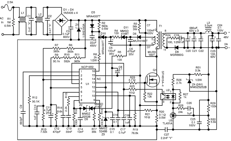 圖5：基于NCP1652單段式PFC控制器的50 W-150 W AC-DC LED方案