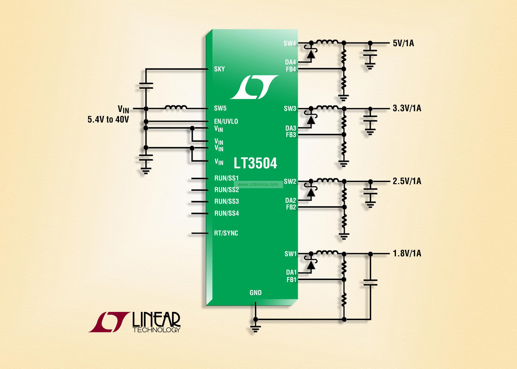 40V、4 通道 1A (IOUT)、2.2MHz 降壓型 DC/DC 轉(zhuǎn)換器