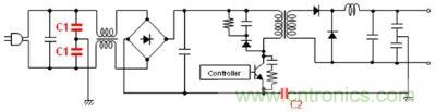 車載充電器電源電路例 (C1: AC線路濾波器用Y電容器、C2: 初級-次級耦合用電容器) 