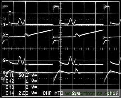 圖1電路所示的開關(guān)波形。（通道1是T1（即引腳12）的初級開關(guān)電壓；2號通道是進入Q1漏極的初級開關(guān)電路（10A/格）；通道3是T1（即引腳2）的次級開關(guān)電壓（200V/格）；4號通道是R3兩端的電壓）