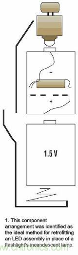 增壓電路在有兩節(jié)電池的手電筒中將代替的一節(jié)電池，LED裝置則代替白熾燈