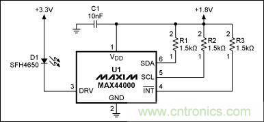 圖1：MAX44000典型電路，包括LED