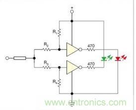 在雙門構(gòu)成的CMOS/TTL兼容探頭中，R1至R4電阻網(wǎng)絡對反相器輸入端做偏置