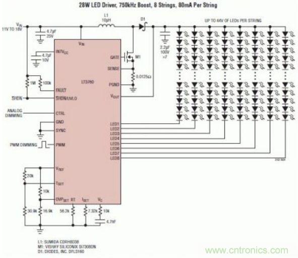 采用 LT3760、效率為 90% 的 28W LED 背光照明電路