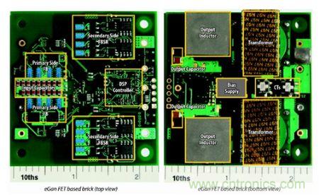 圖6：采用eGaN FET設(shè)計的48V至53V半磚PSE轉(zhuǎn)換器的頂視圖和底視圖(單位為英寸)。