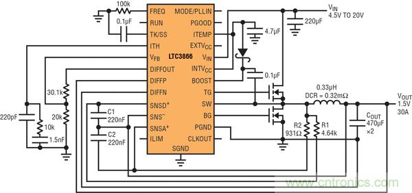 圖2：以非常低的DCR完成采樣的高效率、1.5V/30A降壓型轉(zhuǎn)換器