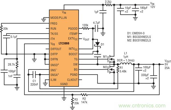 圖9：高效率電源，12V輸入至5V/25A輸出