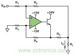 圖1. 改進(jìn)型Howland電流源驅(qū)動(dòng)接地負(fù)載。