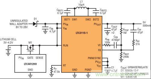 圖7：LTC3115-1與LTC4412HV相結(jié)合，以獲得由單節(jié)鋰離子電池和未穩(wěn)壓交流適配器提供的雙輸入5V電源