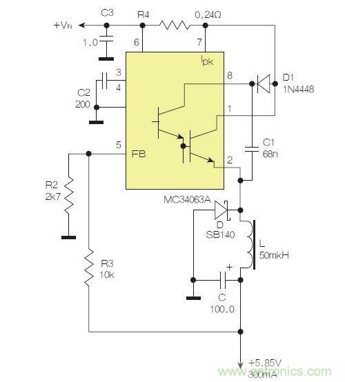 采用降壓配置中廣為使用的MC33063/MC34063的一個(gè)示例。