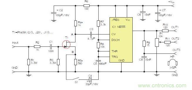 含JFET輸入和NE555的耳機(jī)/線路驅(qū)動器