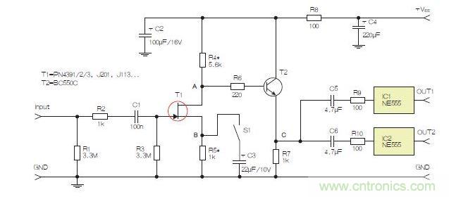 所示電路采用兩個(gè)工作在不同頻率下的555定時(shí)器，以獲取不同的音