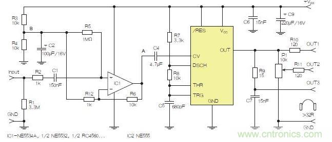 含運(yùn)算放大器和NE555定時(shí)器的耳機(jī)和音頻線路驅(qū)動器。也可以使用CMOS版本(如LMC555)，但輸出電流較低。其優(yōu)點(diǎn)為工作頻率較高。