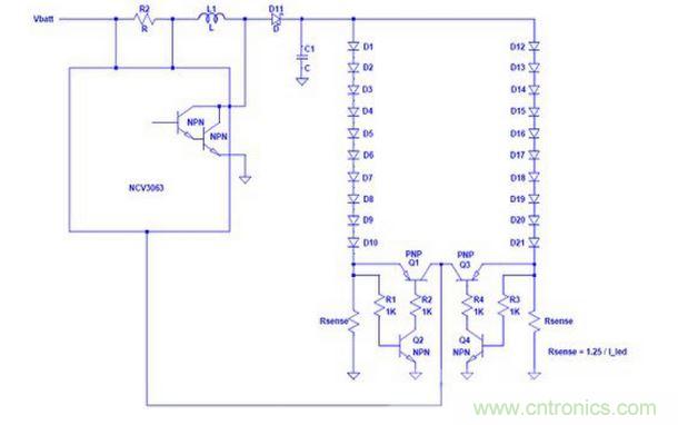 基于NCP3063 單個(gè)電流環(huán)路驅(qū)動(dòng)多串LED