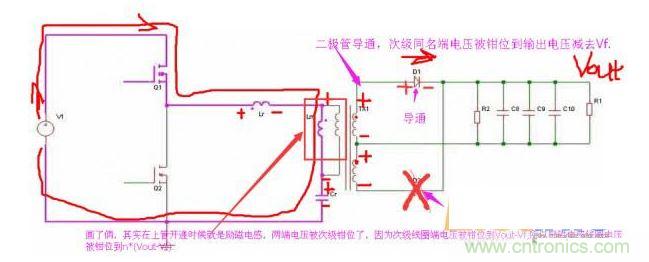 上管開通，注意諧振電感、勵磁電感、諧振電容的正負(fù)