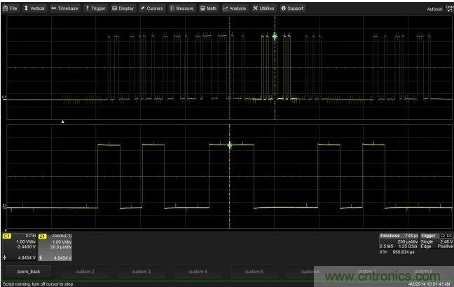 使用CustomDSO運(yùn)行VB腳本“zoom_Track.lss”。當(dāng)腳本運(yùn)行時，縮放波形的中心將跟蹤水平的光標(biāo)絕對位置。從圖中可以看出，光標(biāo)將永遠(yuǎn)位于縮放波形Z1的中心