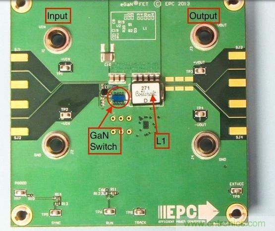 演示板用于顯示GaN的EMI。該GaN組件被圈定，我會(huì)在L1左側(cè)測(cè)量切換的波形。
