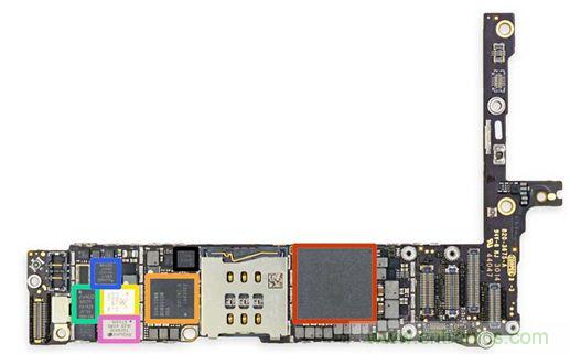 iPhone 6 Plus主板采用1GB RAM的蘋(píng)果A8 SoC作為核心部件。（來(lái)源：iFixit）