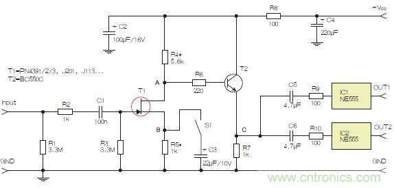 圖3：采用兩個工作在不同頻率下的555定時器電路，以獲取不同的音效。