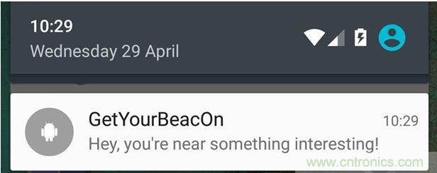 圖10 – 安卓系統(tǒng)通知，提示附近發(fā)現(xiàn)Beacon