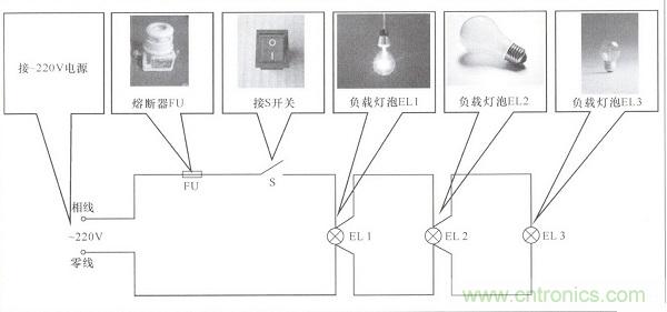 一只單連開關(guān)控制三盞燈電路