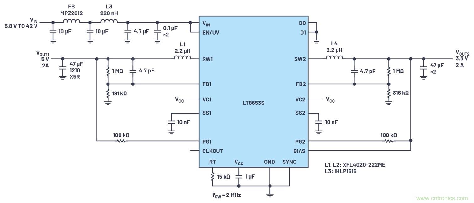 具有6.2 µA靜態(tài)電流的雙通道、42 V、2 A、單片、同步降壓型Silent Switcher 2穩(wěn)壓器